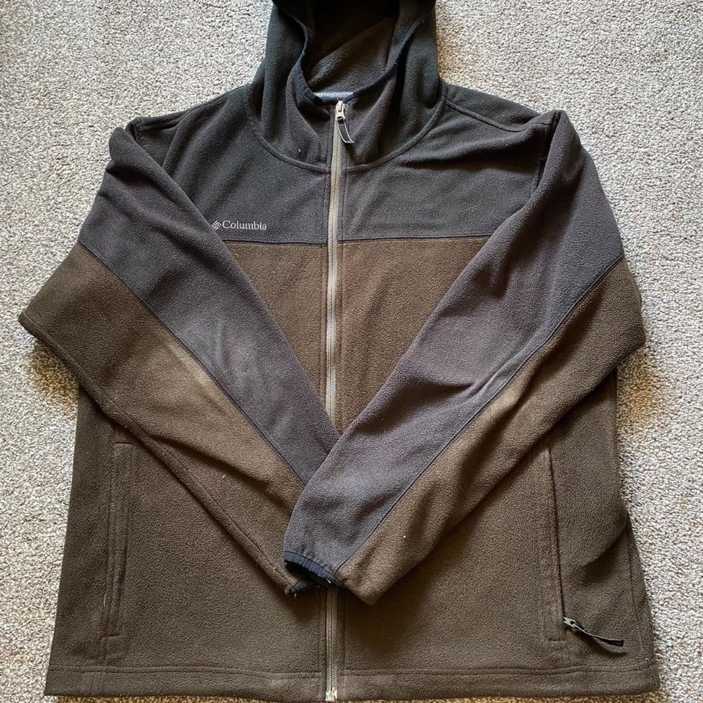 Men’s Vintage Columbia Two Tone Full Zip Hooded Fleece Brown Black Rare EUC Size